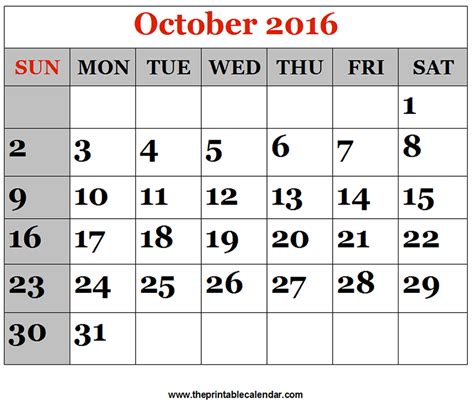 2016 Calendar October